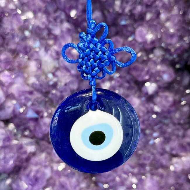 Evil Eye Wall Hanging Decor with Knots - Blue Glass Round - 2.5" Door Window Protection