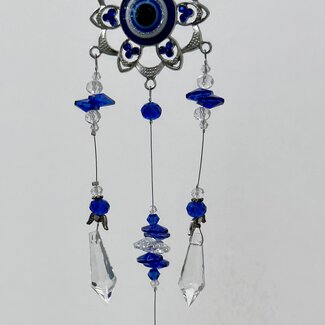 Evil Eye (Blue) Inside Lotus Flower Suncatcher Sun Catcher with Faceted Crystal Prism and Points with Angel Wings - Silver (Plated) Hangable 15" Home Decor Window Mirror Protection