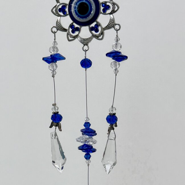 Evil Eye (Blue) Inside Lotus Flower Suncatcher Sun Catcher with Faceted Crystal Prism and Points with Angel Wings - Silver (Plated) Hangable 15" Home Decor Window Mirror Protection