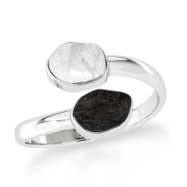 Herkimer Diamond & Black Tourmaline Rings - Adjustable (Size 5-6) Rough Raw Natural Two Stone - Sterling Silver