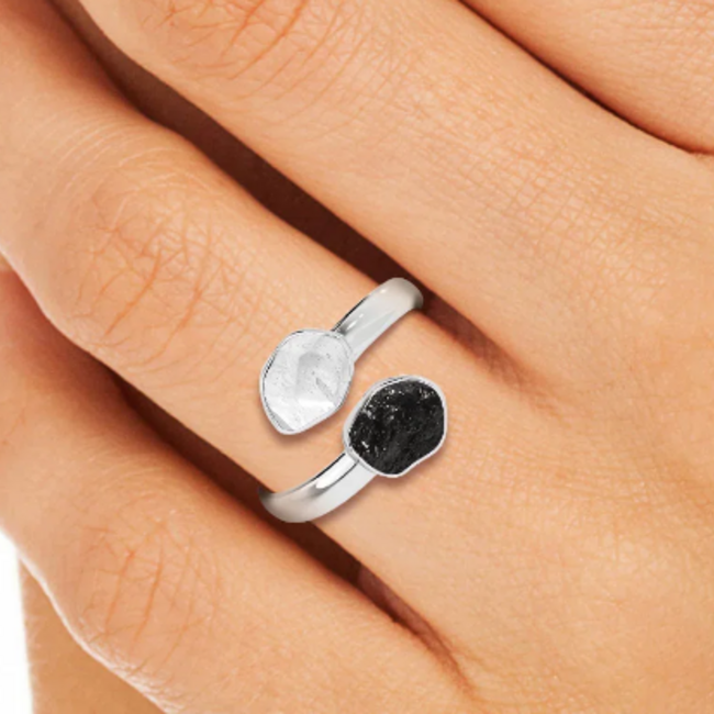 Herkimer Diamond & Black Tourmaline Rings - Adjustable (Size 5-6) Rough Raw Natural Two Stone - Sterling Silver