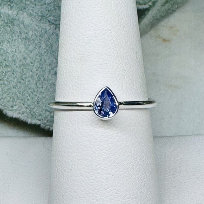 Tanzanite Rings - Size 8 Teardrop Pear Faceted Bezel Set - Sterling Silver
