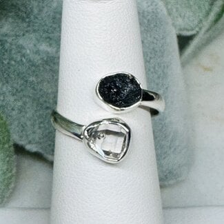 Herkimer Diamond & Black Tourmaline Rings - Adjustable (Size 7-8) Rough Raw Natural Two Stone - Sterling Silver