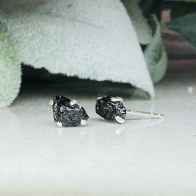Black Tourmaline Earrings - Studs Claw Prong Set Rough Raw Natural - Sterling Silver