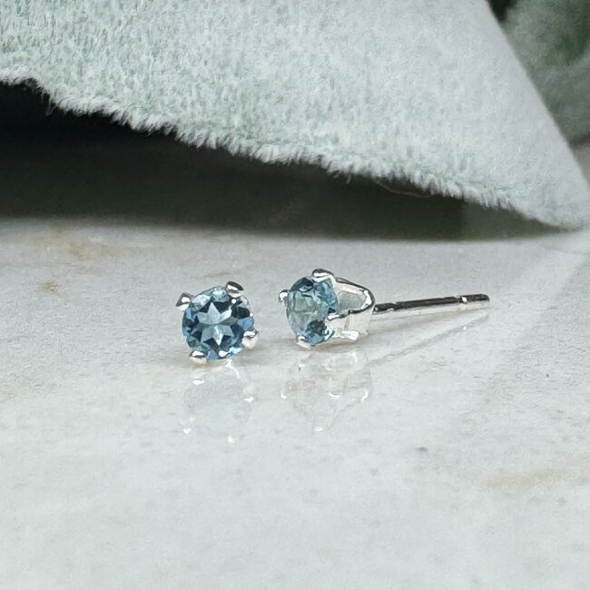 Blue Topaz (Swiss) Earrings - 3mm Faceted Studs - Sterling Silver Gemstone Jewelry