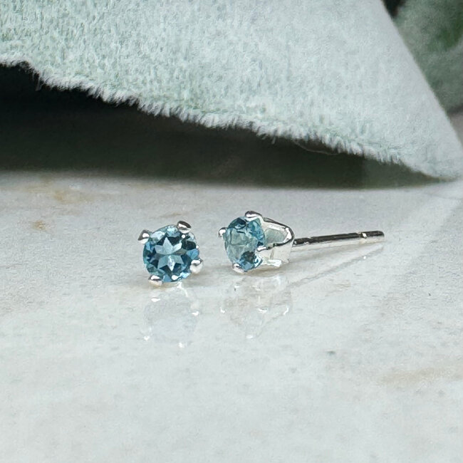London Blue Topaz Earrings - 3mm Faceted Studs - Sterling Silver Gemstone Jewelry