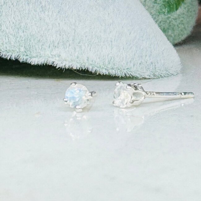 White Rainbow Moonstone Earrings - 3mm Faceted Studs - Sterling Silver Gemstone Jewelry