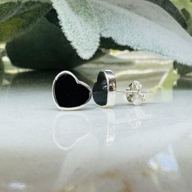 Black Tourmaline Earrings - Hearts Studs Bezel Set - Sterling Silver
