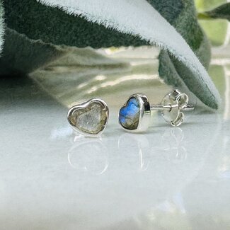 Labradorite Earrings - Hearts Studs Bezel Set - Sterling Silver