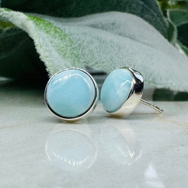 Larimar (Dolphin Stone) Earrings - Round Bezel Set - Sterling Silver