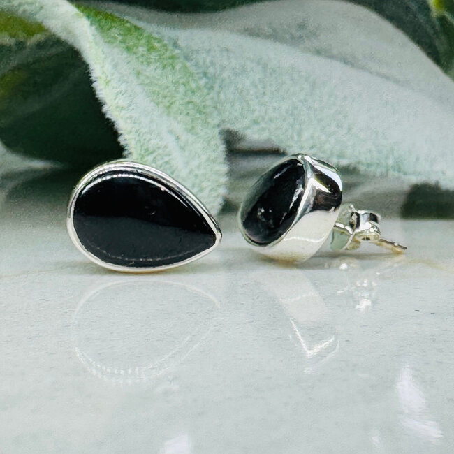 Black Tourmaline Earrings - Teardrop Pear Bezel Set - Sterling Silver