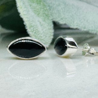 Black Tourmaline Earrings - Marquise Bezel Set - Sterling Silver