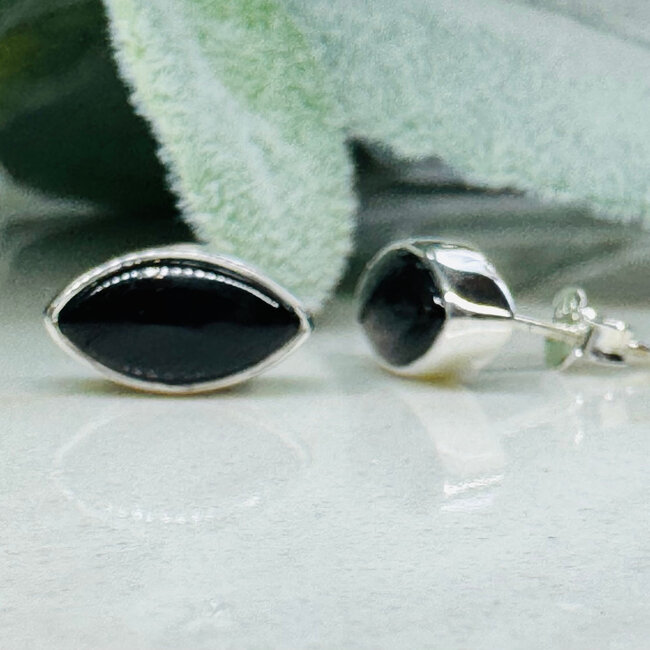 Black Tourmaline Earrings - Marquise Bezel Set - Sterling Silver