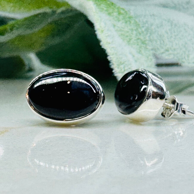 Black Tourmaline Earrings - Oval Bezel Set - Sterling Silver