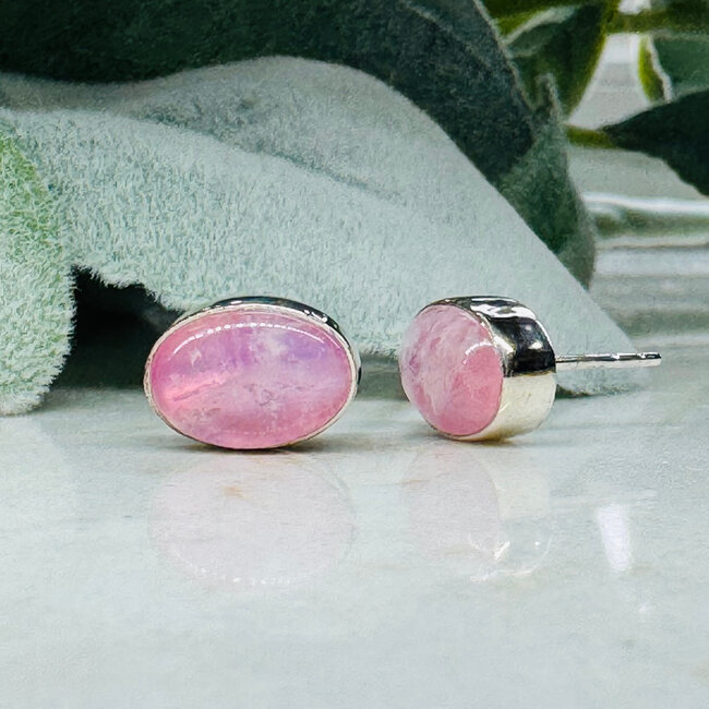 Pink Moonstone Earrings - Oval Bezel Set - Sterling Silver