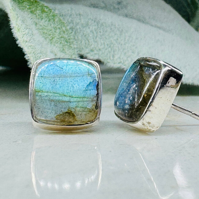 Labradorite Earrings - Square Bezel Set - Sterling Silver