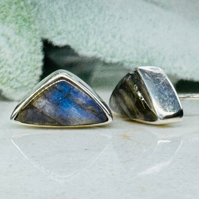 Labradorite Earrings - Wide Triangle Bezel Set - Sterling Silver