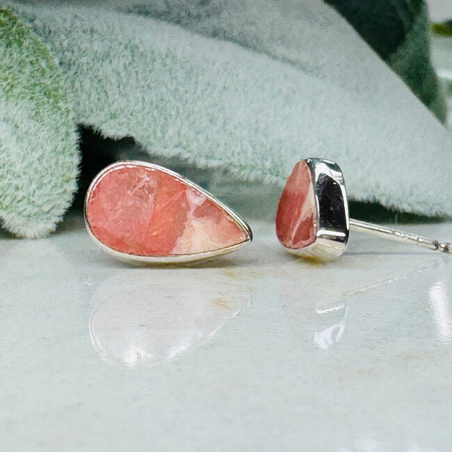 Rhodochrosite Earrings - Teardrop Pear Bezel Set - Sterling Silver