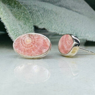 Rhodochrosite Earrings - Oval Bezel Set - Sterling Silver
