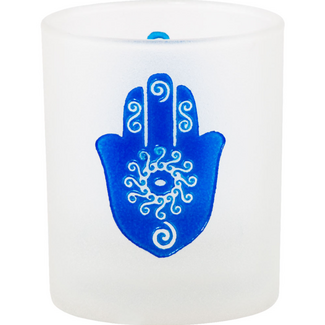 Hamsa (Fatima Miriam Khamsa) Hand Votive Candle Holder - Blue Etched Frosted Glass