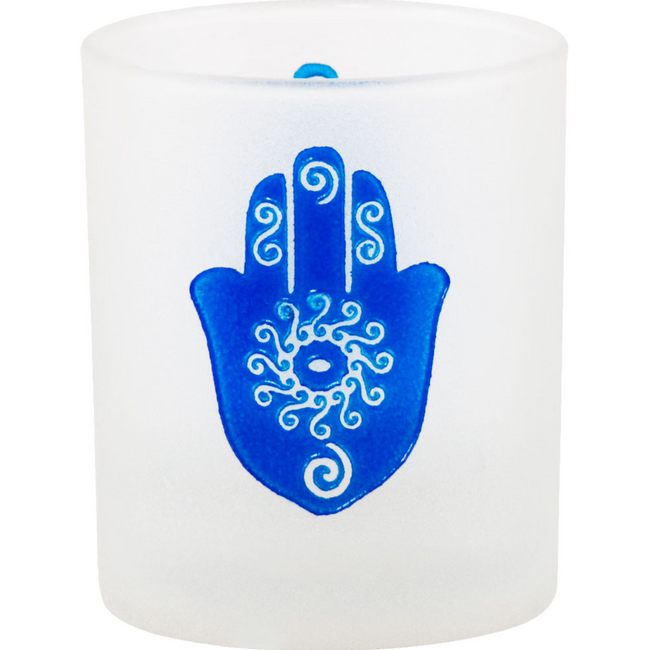 Hamsa (Fatima Miriam Khamsa) Hand Votive Candle Holder - Blue Etched Frosted Glass