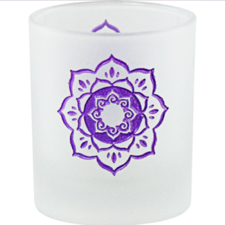 Lotus Votive Candle Holder - Purple Violet Crown Chakra Etched Frosted Glass