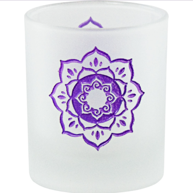 Lotus Votive Candle Holder - Purple Violet Crown Chakra Etched Frosted Glass