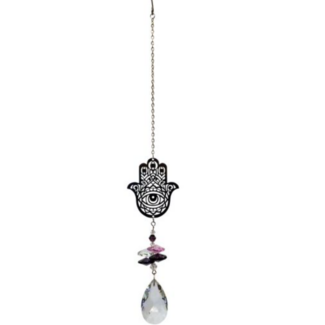 Hamsa (Fatima Miriam Khamsa) Hand Suncatcher Sun Catcher with Faceted Crystal Prisms - Hangable (10") Home Decor Mirror Window - Sun Drop