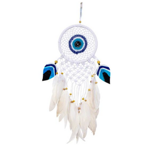 Evil Eye Blue Dreamcatcher Dream Catcher - White Macrame Boho with White Feathers, Black & Blue Leaves, Beads 24"