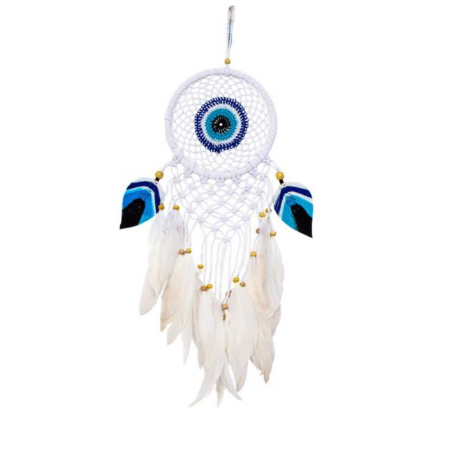 Evil Eye Blue Dreamcatcher Dream Catcher - White Macrame Boho with White Feathers, Black & Blue Leaves, Beads 24"