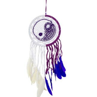 Dream Catcher (Dreamcatcher) Yin Yang Multi Colored (Purple, White, & Blue) with Beads & Feathers