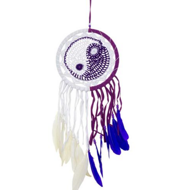 Dream Catcher (Dreamcatcher) Yin Yang Multi Colored (Purple, White, & Blue) with Beads & Feathers