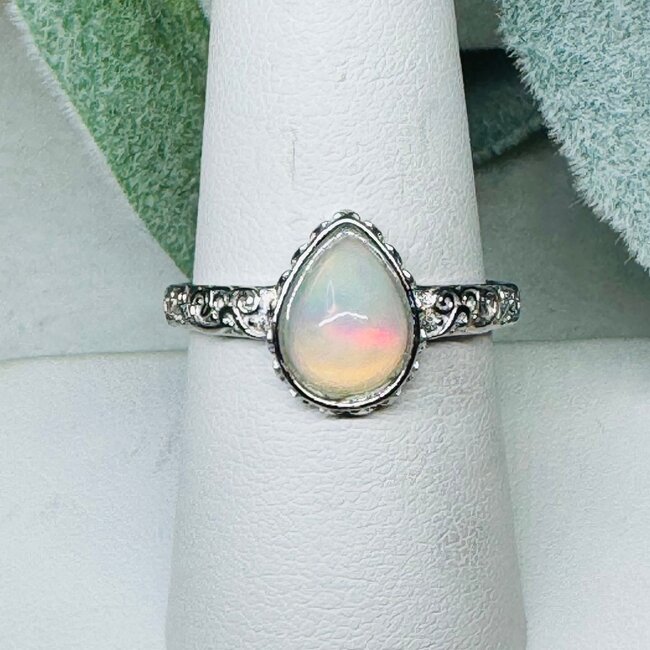 Ethiopian Opal Rings - Size 8 Teardrop Pear Bezel Set Filigree - White Bronze