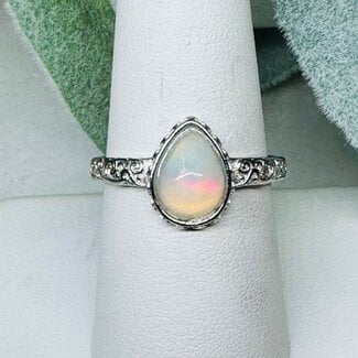 Ethiopian Opal Rings - Size 10 Teardrop Pear Bezel Set Filigree - White Bronze