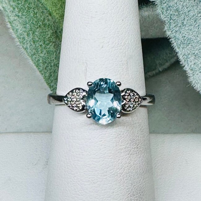 Aquamarine Rings - Size 6 Oval Faceted Filigree Claw Prong Set - White Bronze
