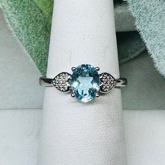 Aquamarine Rings - Size 9 Oval Faceted Filigree Claw Prong Set - White Bronze