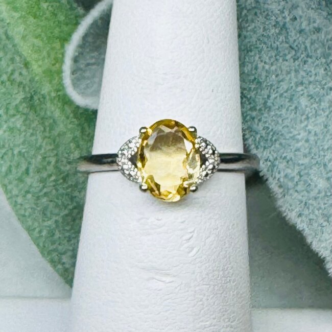 Citrine Rings - Size 9 Oval Faceted Claw Prong Set - White Bronze