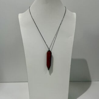 Red Jasper Necklace - Double Point Antique Bezel Set 20"- Bronze Stainless Steel