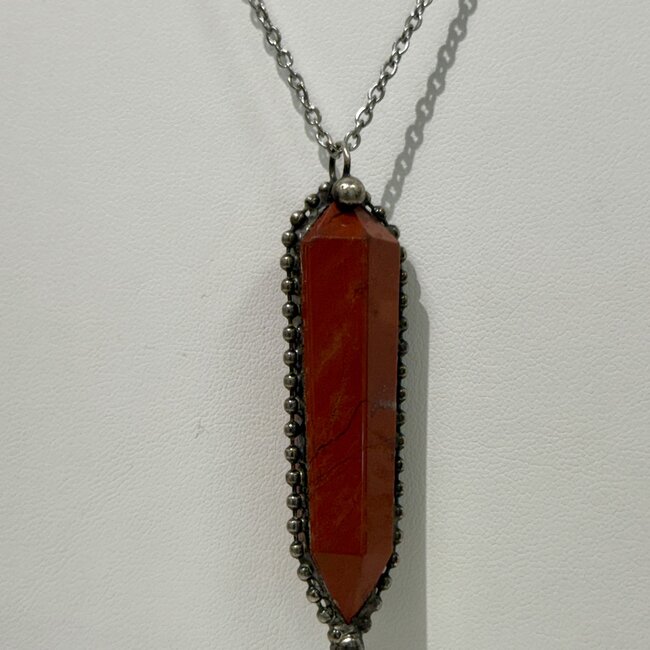 Red Jasper Necklace - Double Point Antique Bezel Set 20"- Bronze Stainless Steel