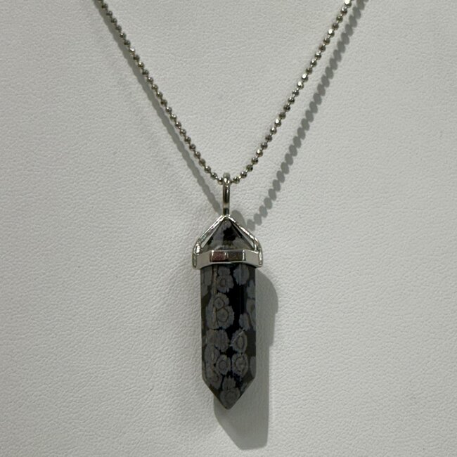Snowflake Obsidian Necklaces - Point on Bead Chain 18" Silver Plated