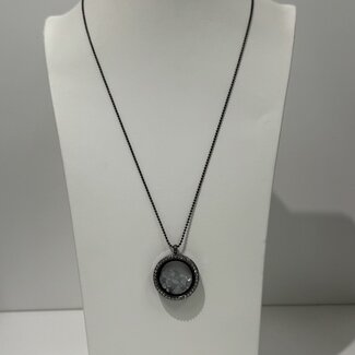 Blue Celestite (Celestine) Inside Black Titanium Locket (18-21") Rhinestone Necklace - Adjustable Magnetic Beaded Chain Pendant Charm