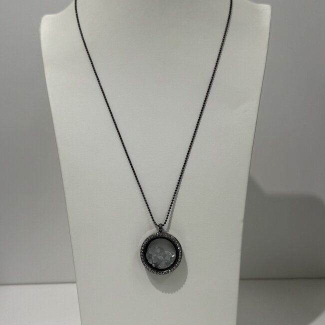 Blue Celestite (Celestine) Inside Black Titanium Locket (18-21") Rhinestone Necklace - Adjustable Magnetic Beaded Chain Pendant Charm