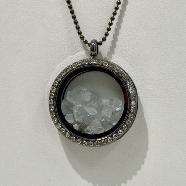 Blue Celestite (Celestine) Inside Black Titanium Locket (18-21") Rhinestone Necklace - Adjustable Magnetic Beaded Chain Pendant Charm
