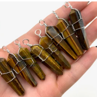 Gold Tigers Eye Pendants - Wire Wrapped Faceted Points - Silver Plated