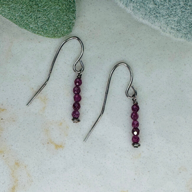 Ruby Beaded Earrings - Dangle Seed Beed - Sterling Silver