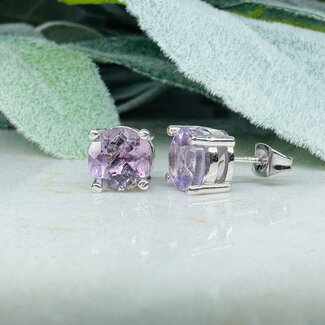 Amethyst Earrings - 8mm Faceted Round Stud - Claw Prong Set Sterling Silver