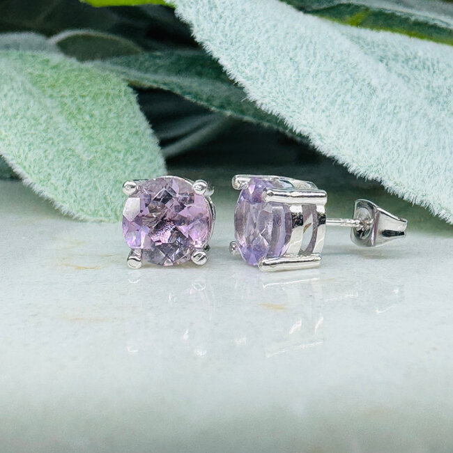 Amethyst Earrings - 8mm Faceted Round Stud - Claw Prong Set Sterling Silver
