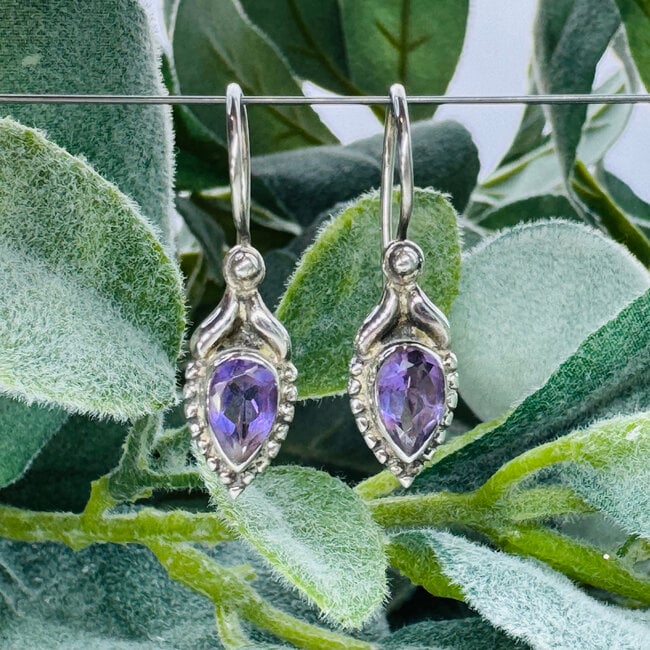 Amethyst Earrings - Teardrop Pear Faceted Decorated Bezel Set - Sterling Silver