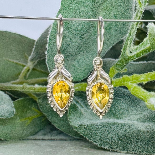 Citrine Earrings - Teardrop Pear Dangle Faceted Decorated Bezel Set - Sterling Silver