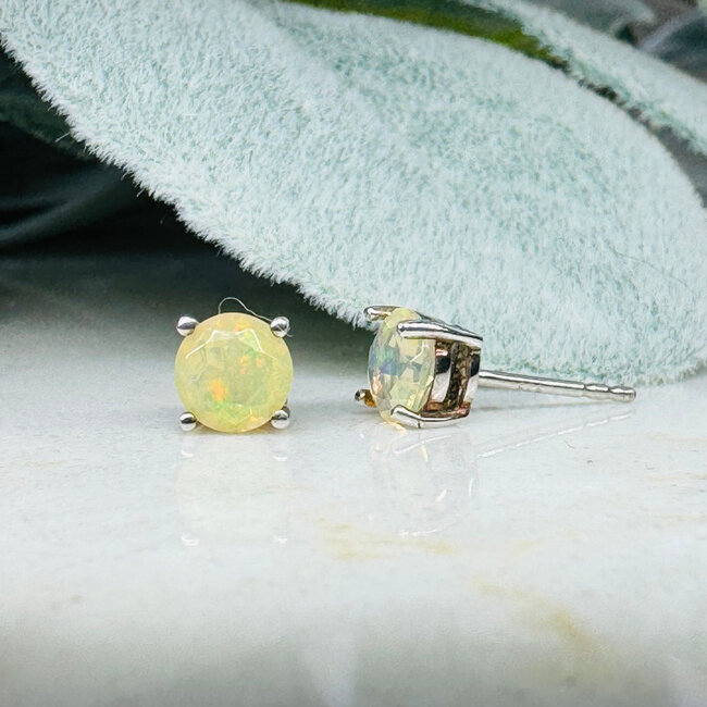 Ethiopian Opal Earrings - 6mm Faceted Studs Claw Prong Set - Sterling Silver